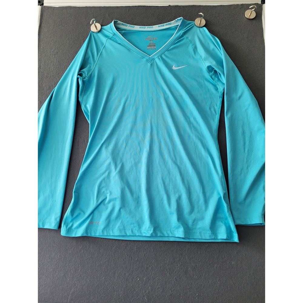 Nike Pro Dri-FIT Women's Fitted Long Sleeve V-Neck Top Blue Size L